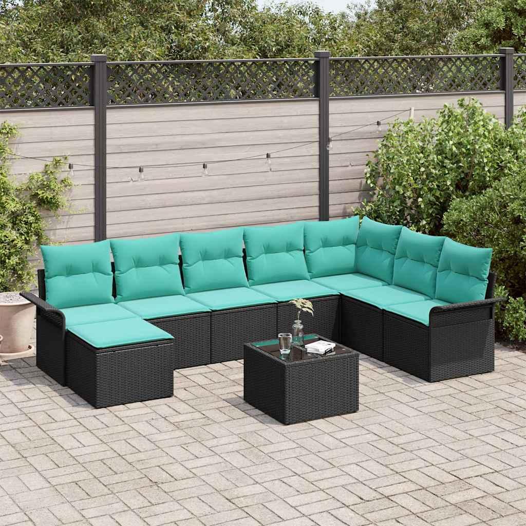 Havesofa Sæt med pude med opbevaring 9 stk Sort Poly rattan billede