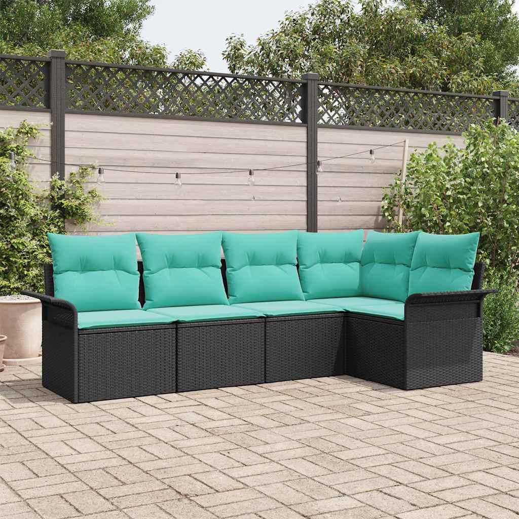 Havesofa Sæt med pude 5 stk Sort polyrattan billede