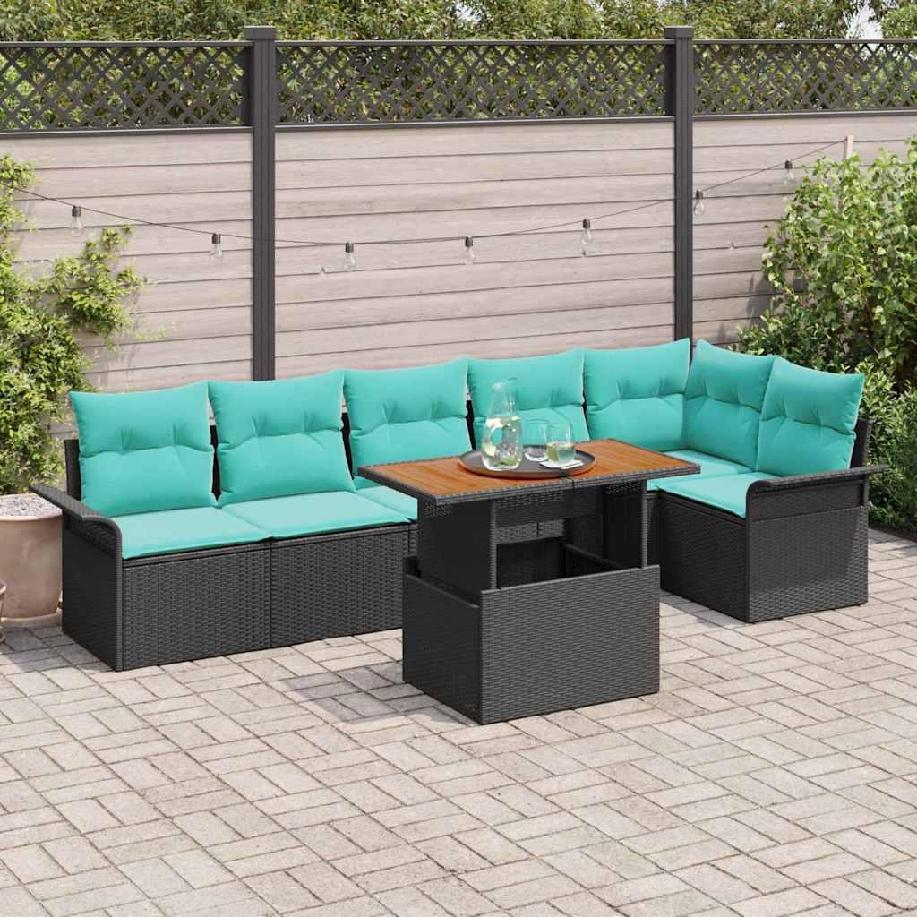 Havesofa Sæt med pude 7 stk Sort og Blå polyrattan billede
