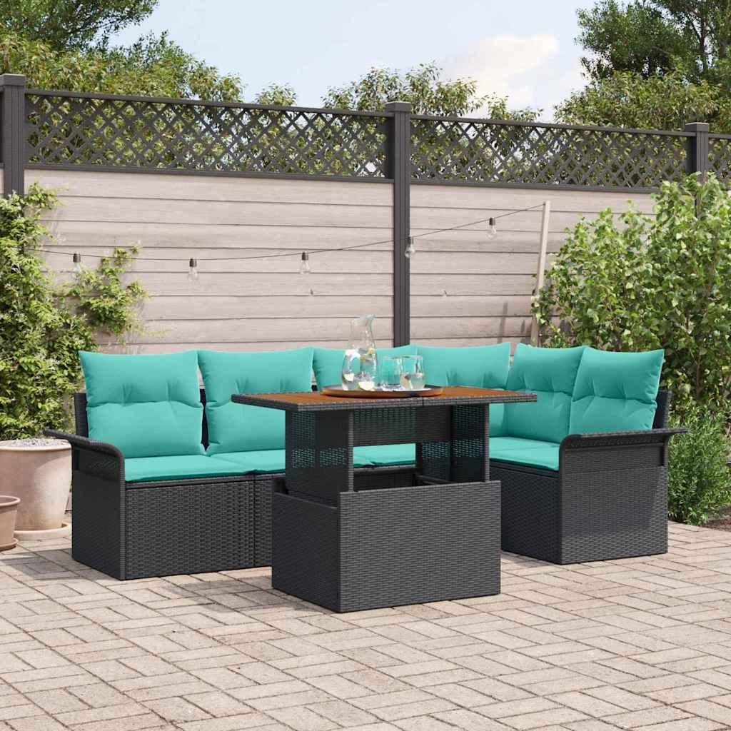 Havesofa Sæt med pude 6 stk Sort og Blå polyrattan billede
