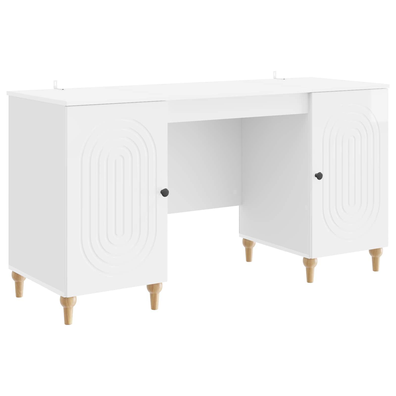 Skrivebord med hylder - gloss hvid, 142,5 × 50 × 75 cm, konstrueret træ billede