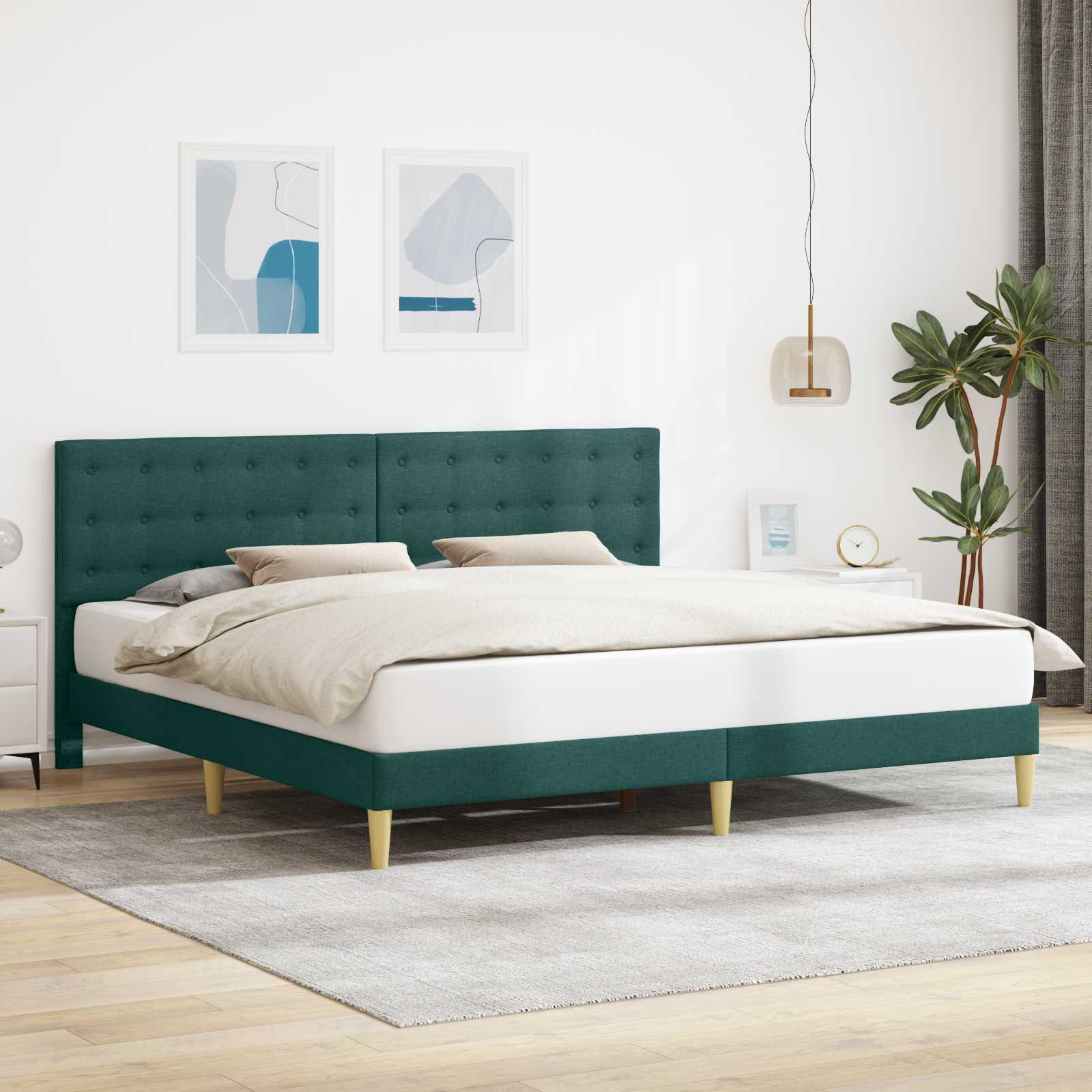 Sengestel med hovedgærde Mørkegrøn 200 x 200 cm Stof billede