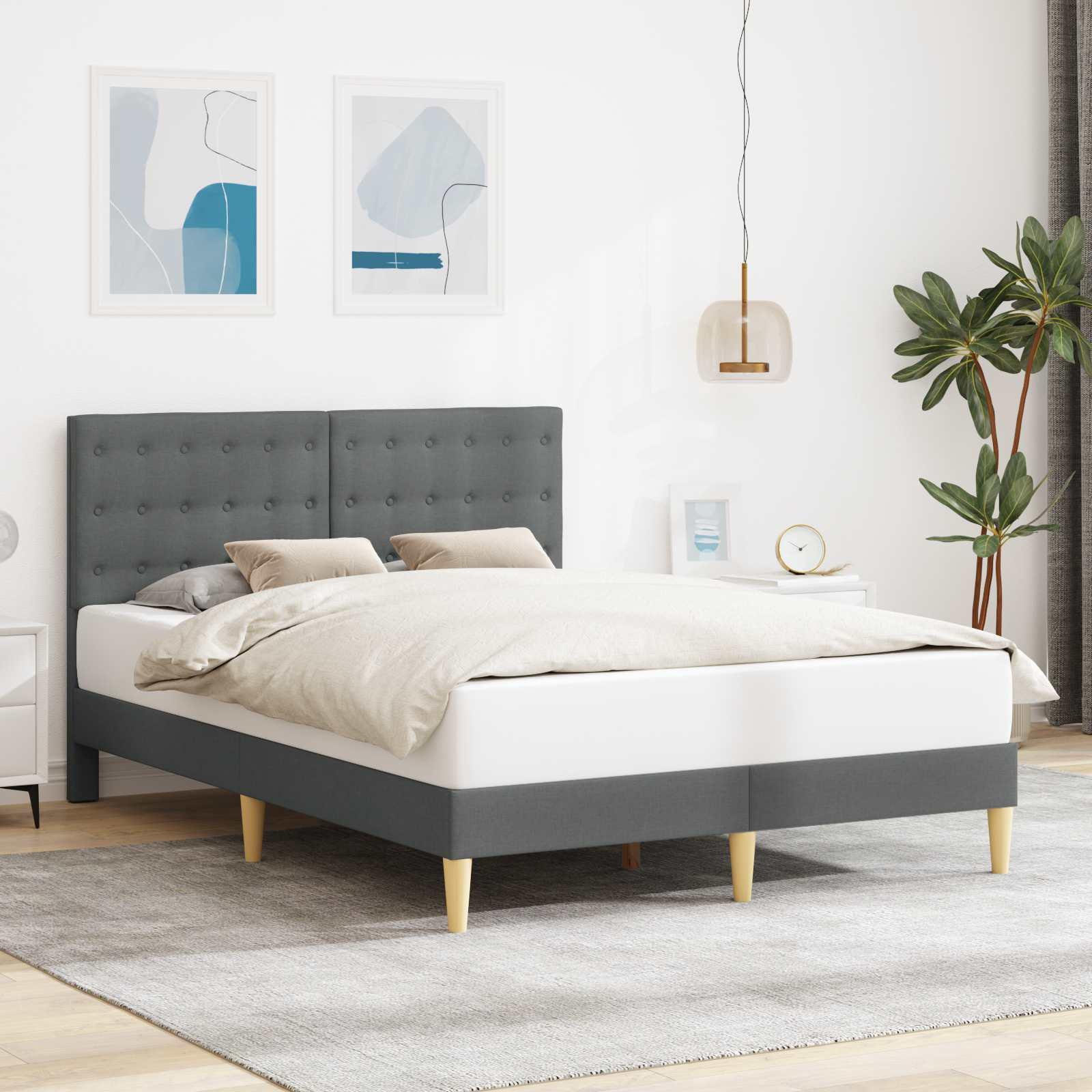 Sengestel med hovedgærde Mørkegrå 140 x 200 cm Stof billede