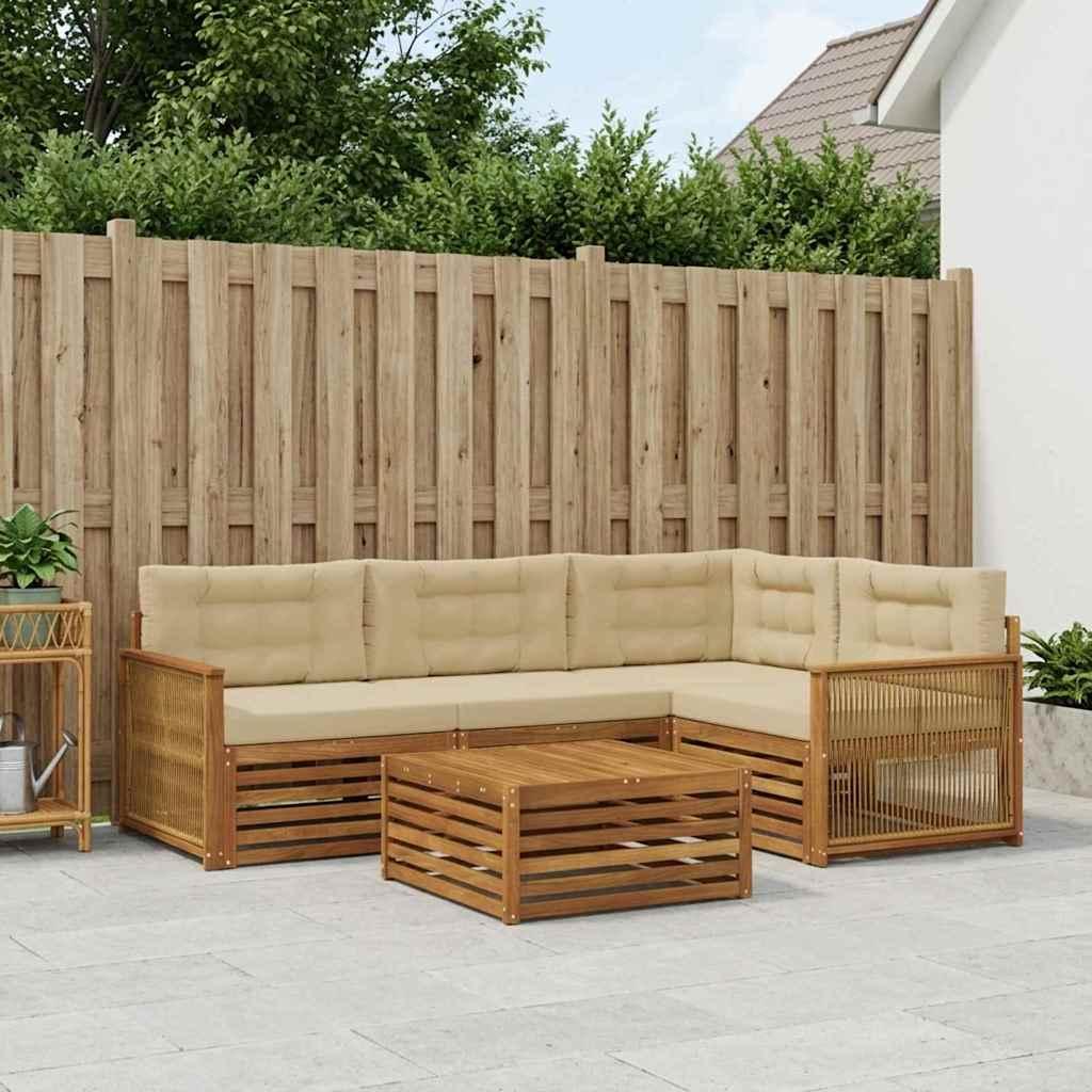 Udendørs sofagruppe i akacietræ med puder - 5 dele, naturlig/beige