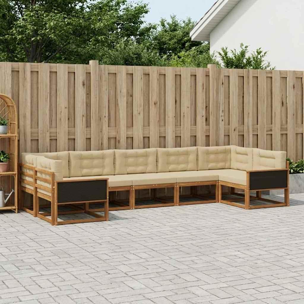 Udendørs sofagruppe i akacietræ med puder, 7 dele - naturlig/beige