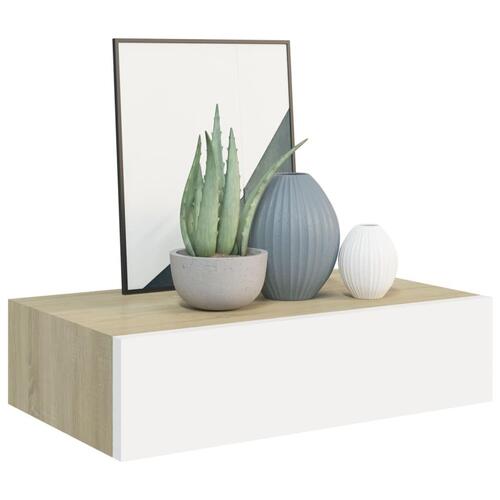 Væghylde med skuffer 40x23,5x10 cm MDF egetræsfarve hvid