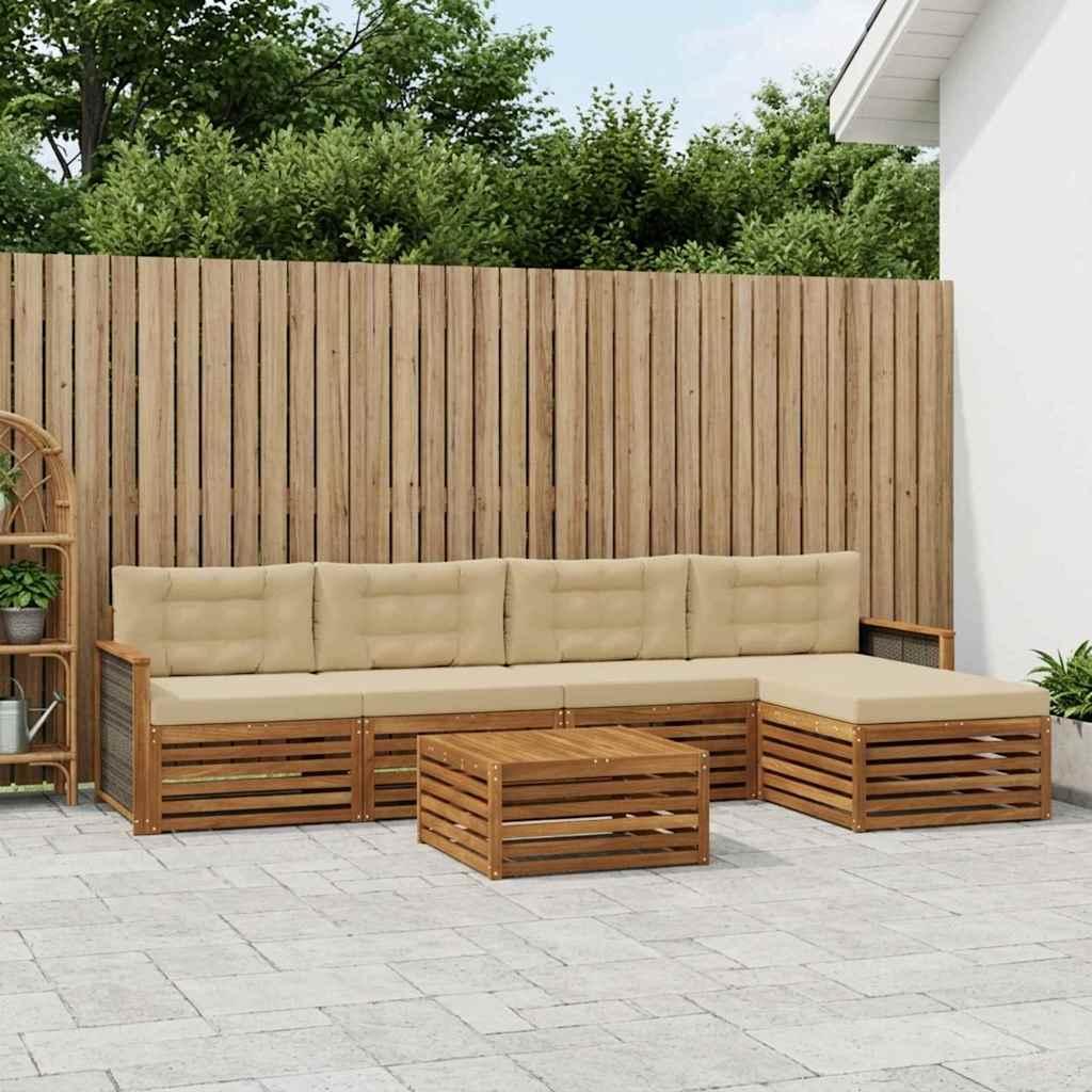Udendørs sofagruppe i akacietræ med puder - 6 dele, naturlig/beige