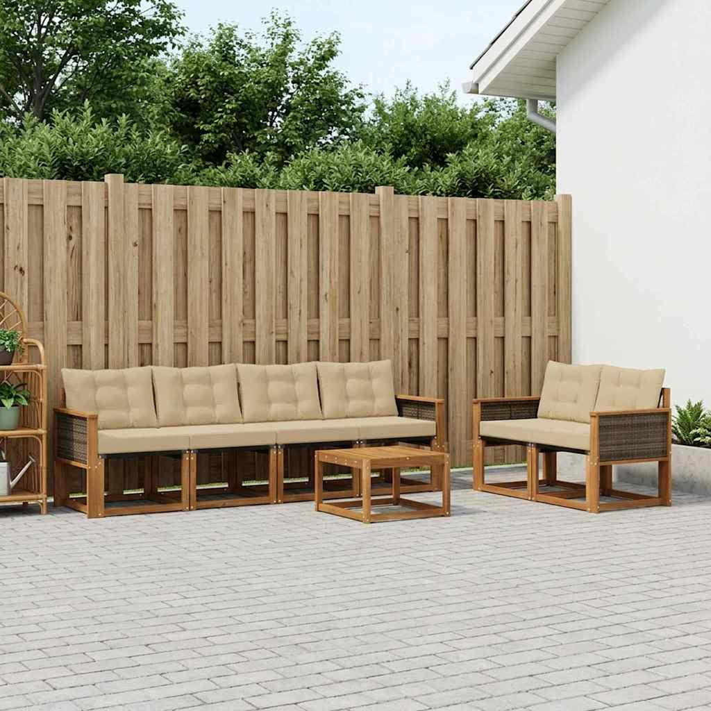 Udendørs sofagruppe i akacietræ med puder, 7 dele - naturlig/beige billede