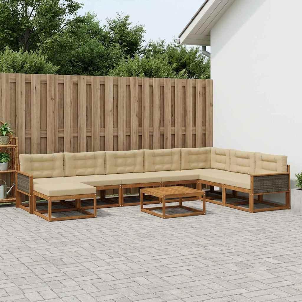 Udendørs sofagruppe i akacietræ med puder, 9 dele - naturlig/beige
