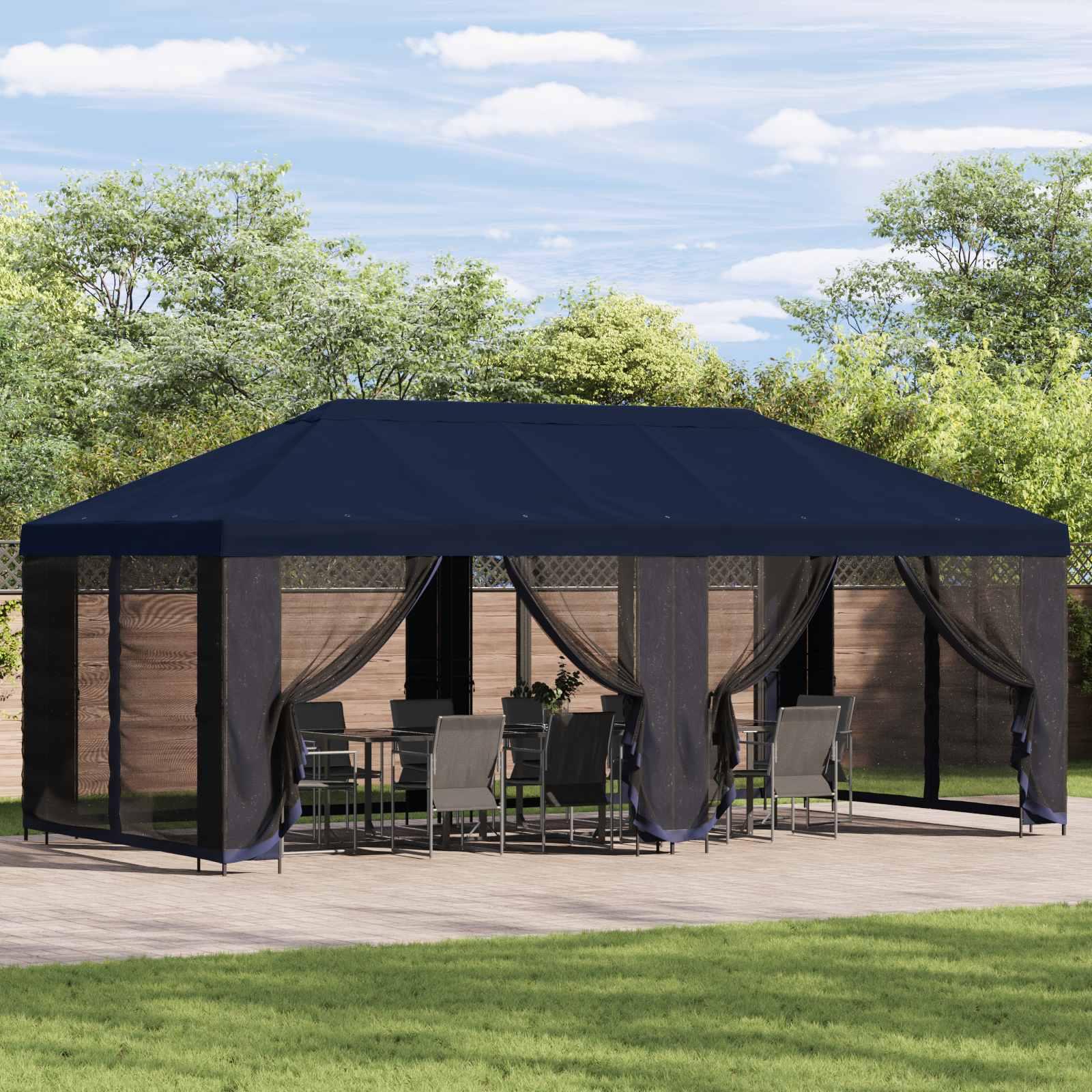 Pavillon med sidetapper 6 x 3 m Blå Polyester og Stål 190 billede
