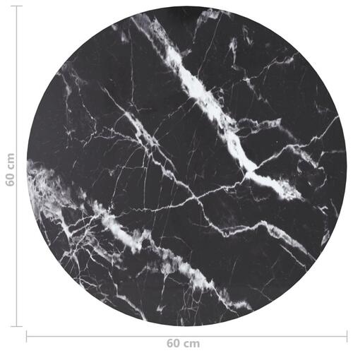 Bordplade Ø60x0,8 cm hærdet glas med marmordesign sort