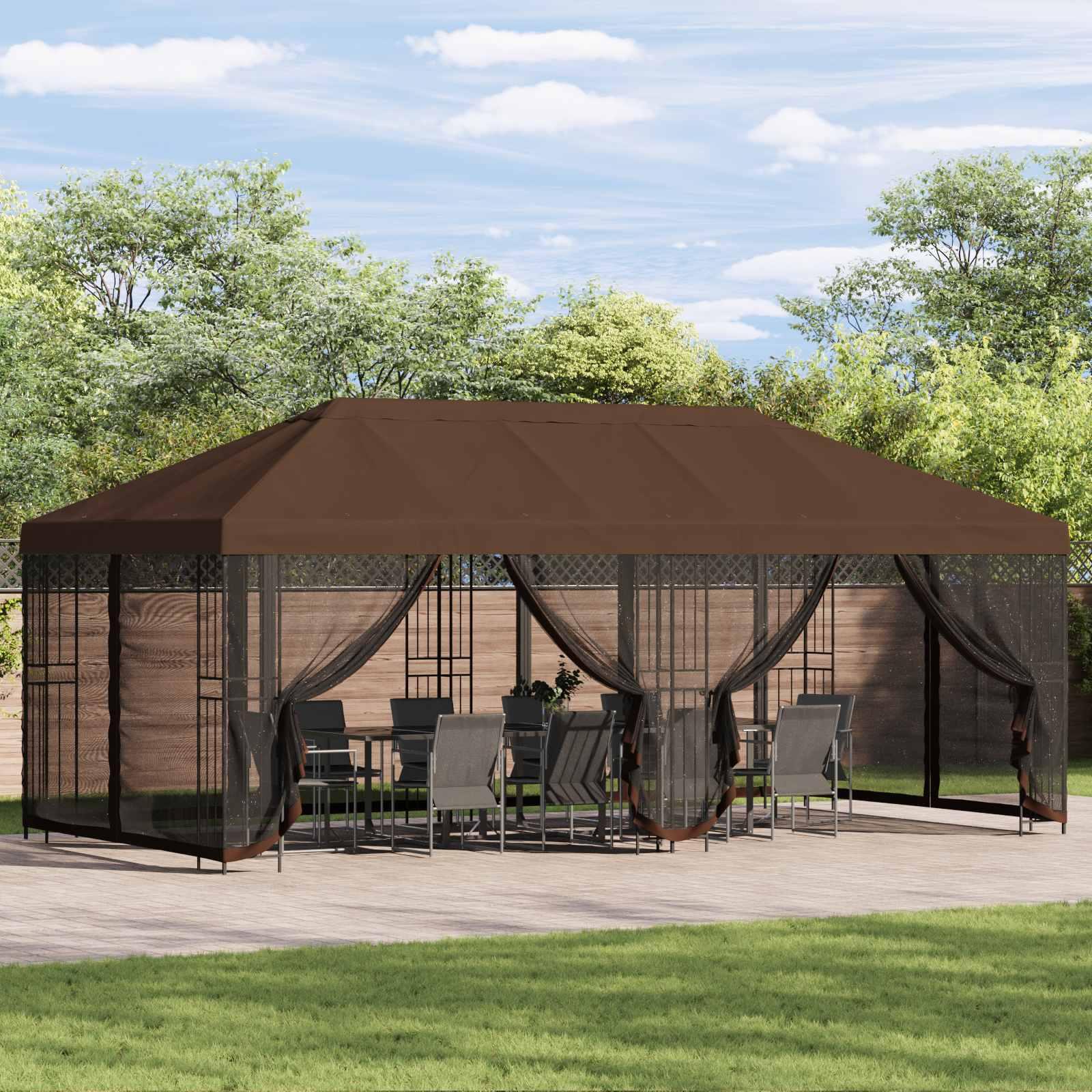 Pavillon med sidetapper 6 x 3 m Brun Polyester og Stål 190 billede