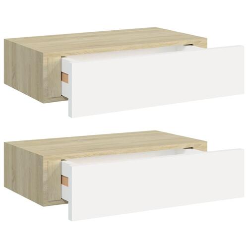 Hylder med skuffe 2 stk. 40x23,5x10 cm MDF egetræsfarve og hvid