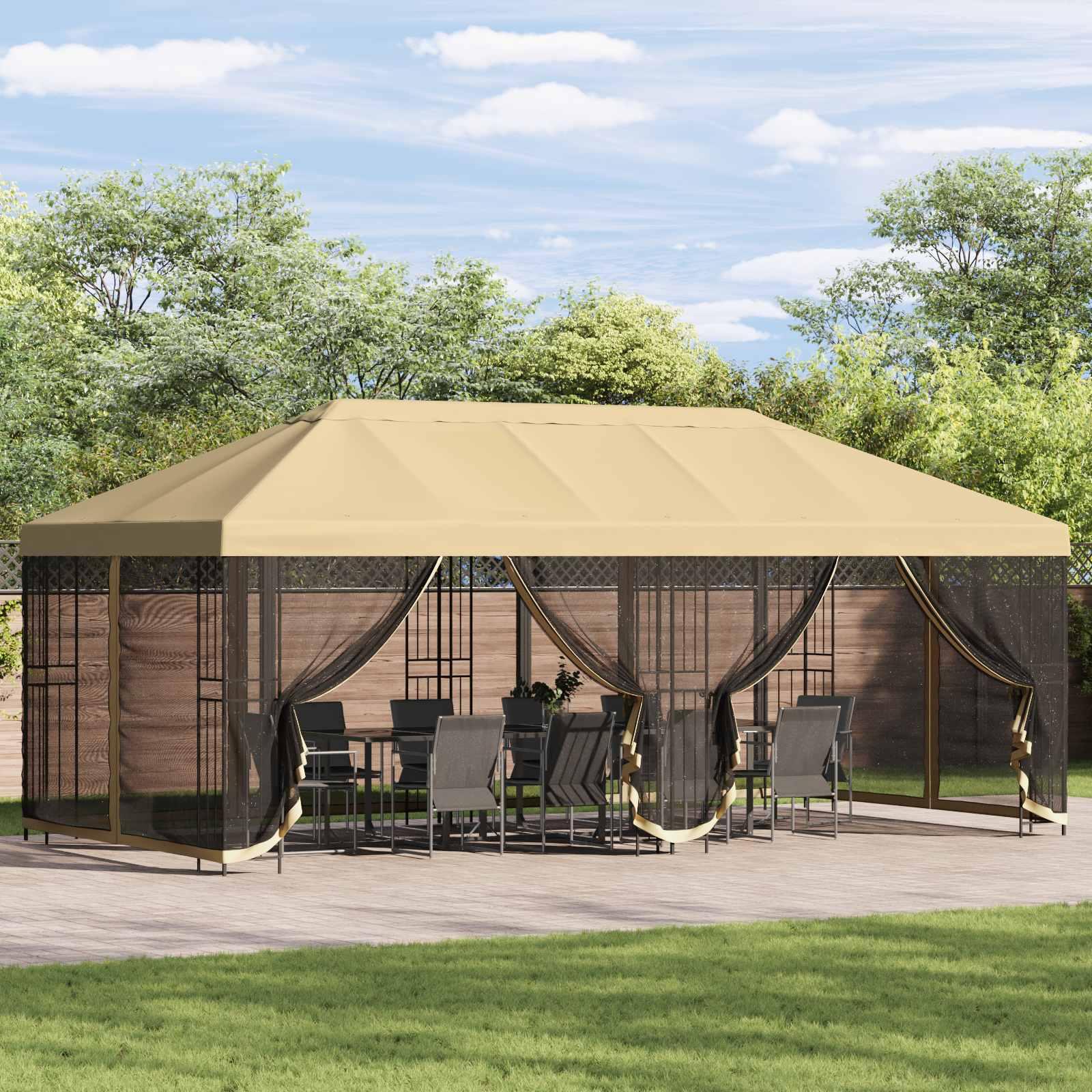 Pavillon med sidetapper 6 x 3 m Cremefarvet Polyester og Stål billede