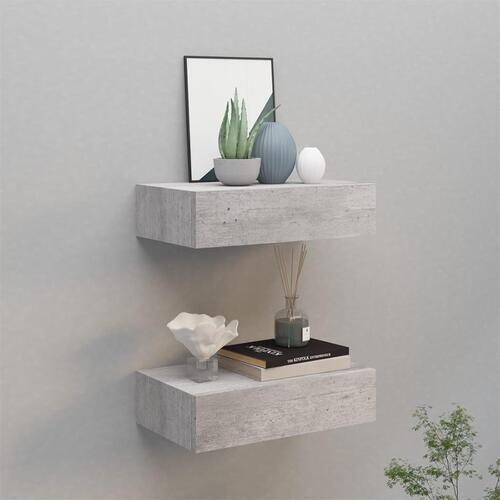 Hylder med skuffe 2 stk. 40x23,5x10 cm MDF betongrå