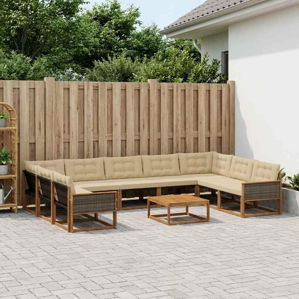 Udendørs sofagruppe i akacietræ med puder - 10 dele, naturlig/beige