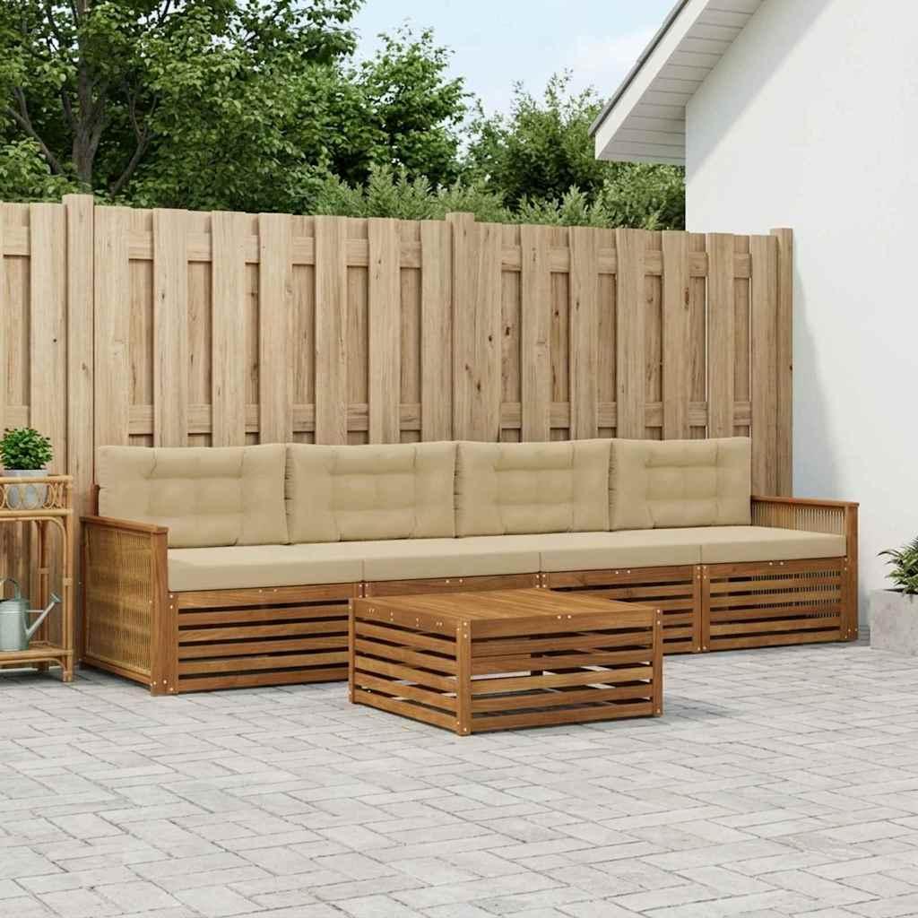 Udendørs sofagruppe i akacietræ med puder - 5 dele, natur/beige