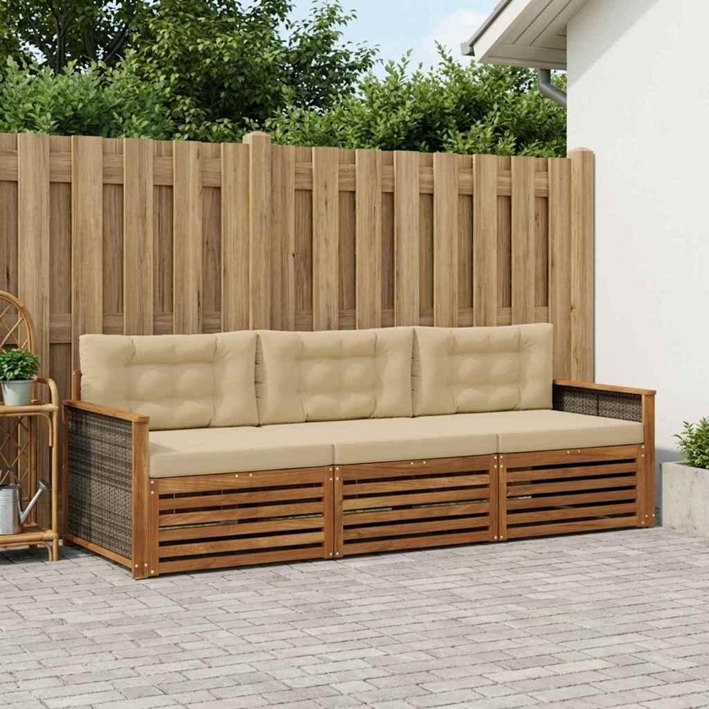 Udendørs sofagruppe i akacietræ med puder - 3 dele, naturlig/beige