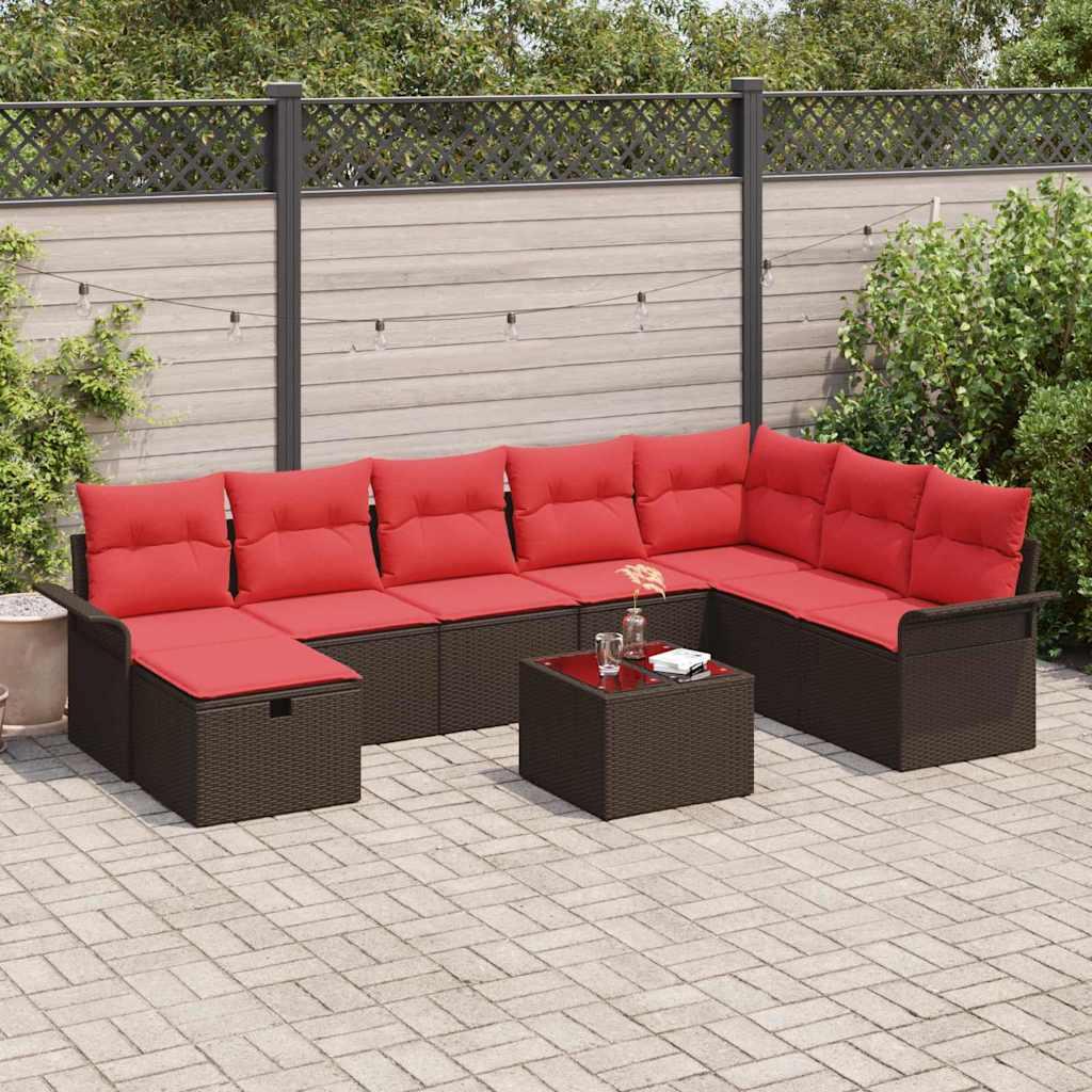 Havesofa Sæt med pude 9 stk Brun og Rød polyrattan billede