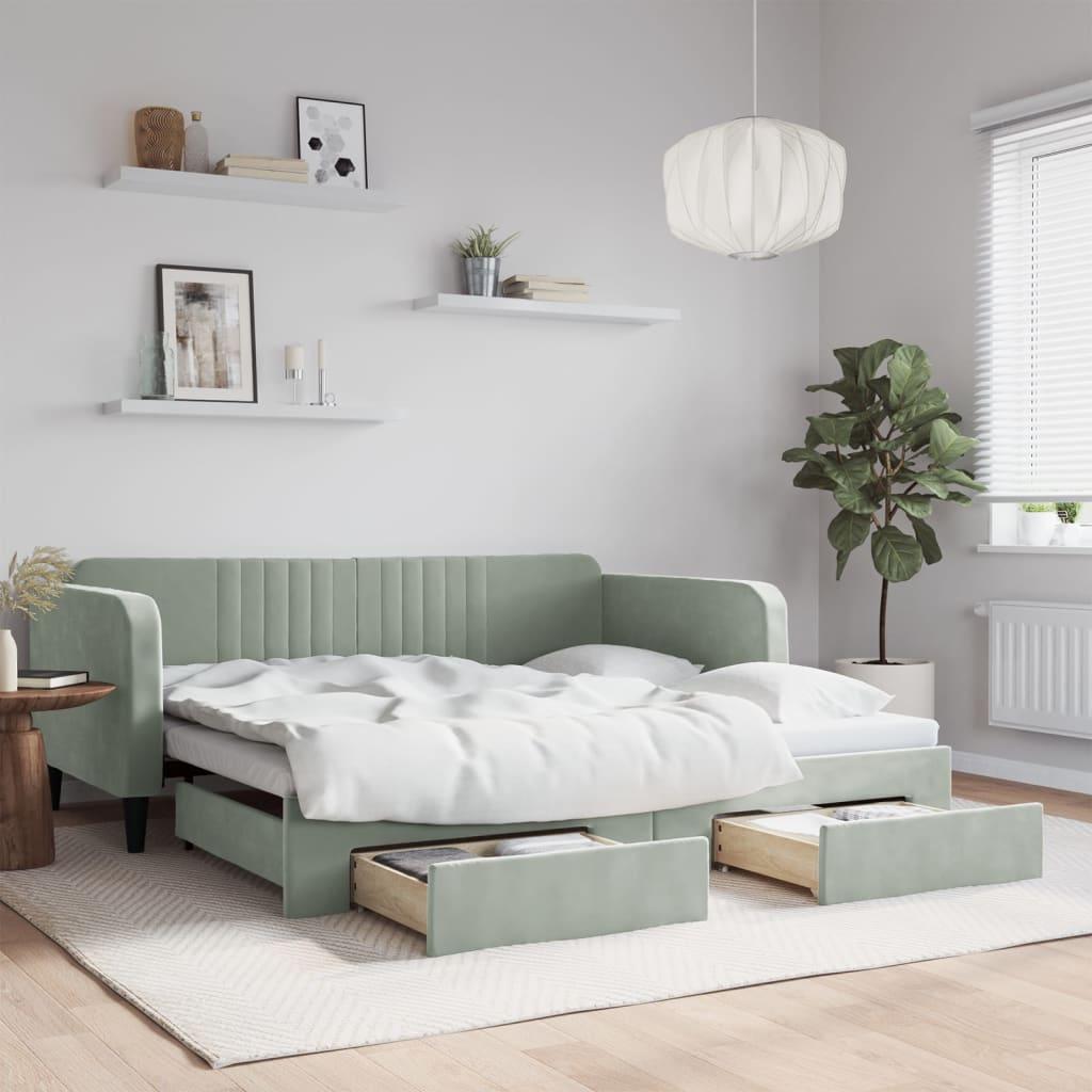 Daybed med udtræk og skuffer 100x190 cm velour lysegrå billede