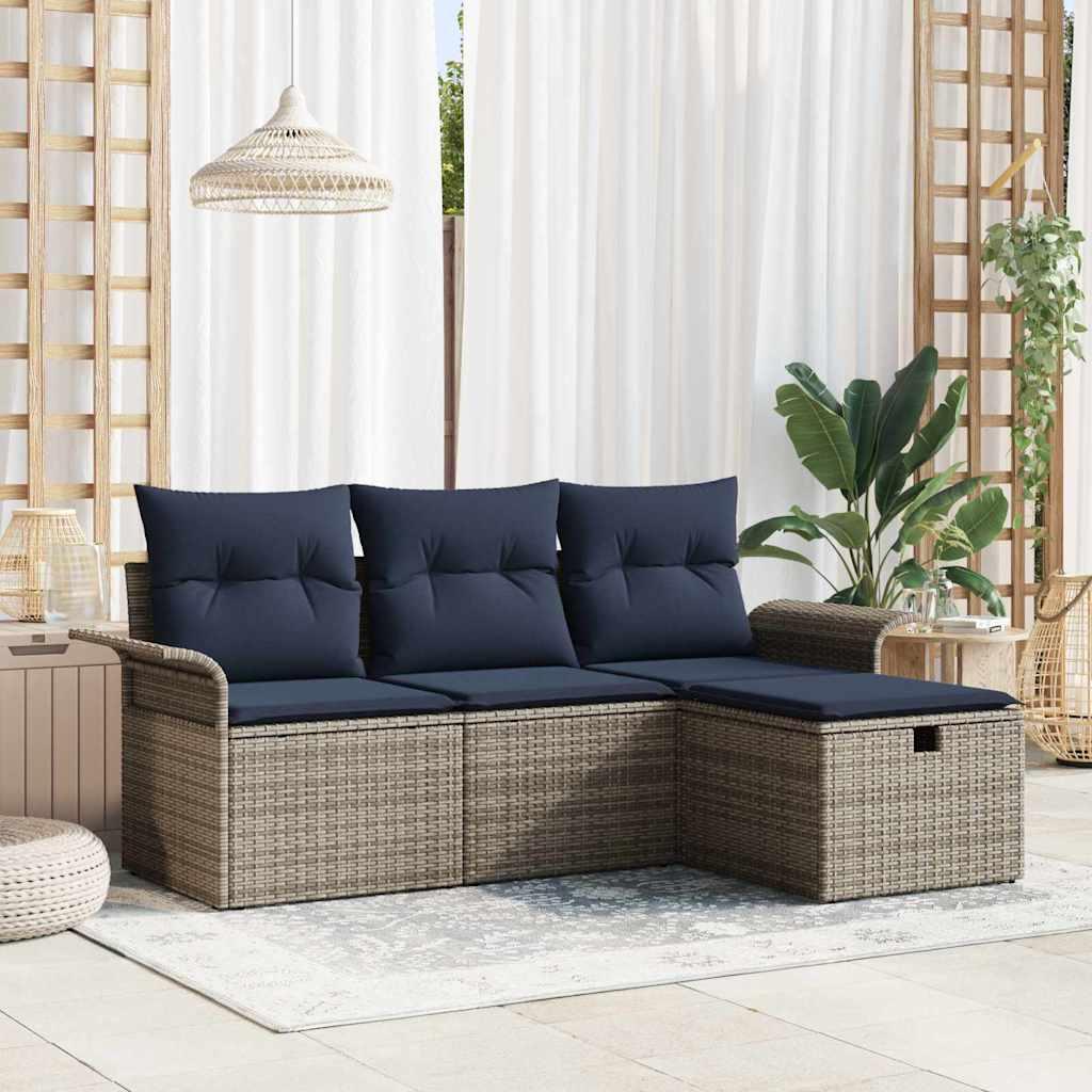 Havesofa Sæt med pude 4 stk Grå og Marineblå polyrattan billede