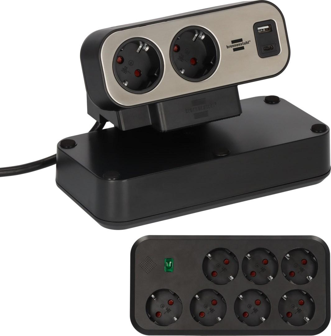 Brennenstuhl forlængerledning 2 m - 9 udtag, USB-A/USB-C, IP20, sort/sølv billede