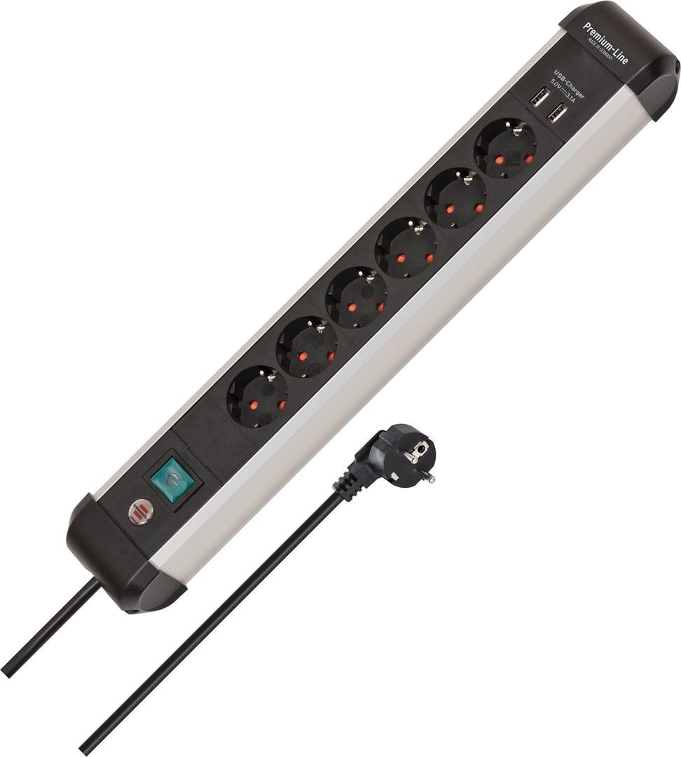 Stikdåse med afbryder - sølv/sort, 6 udtag + 2× USB billede