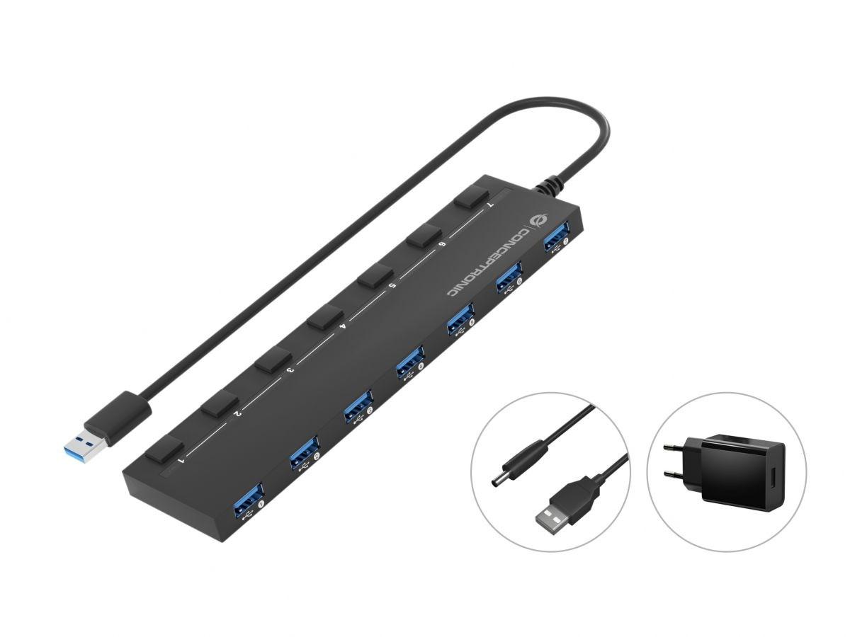 Conceptronic HUBBIES19BP - 7-port USB 3.0 hub med strømforsyning, 90 cm kabel og individuelle tænd/sluk-knapper billede