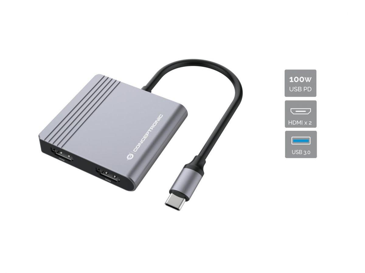 Conceptronic DONN13G USB-C dock - 2x HDMI, USB 3.2 Gen 1, 100 W PD - Grå billede