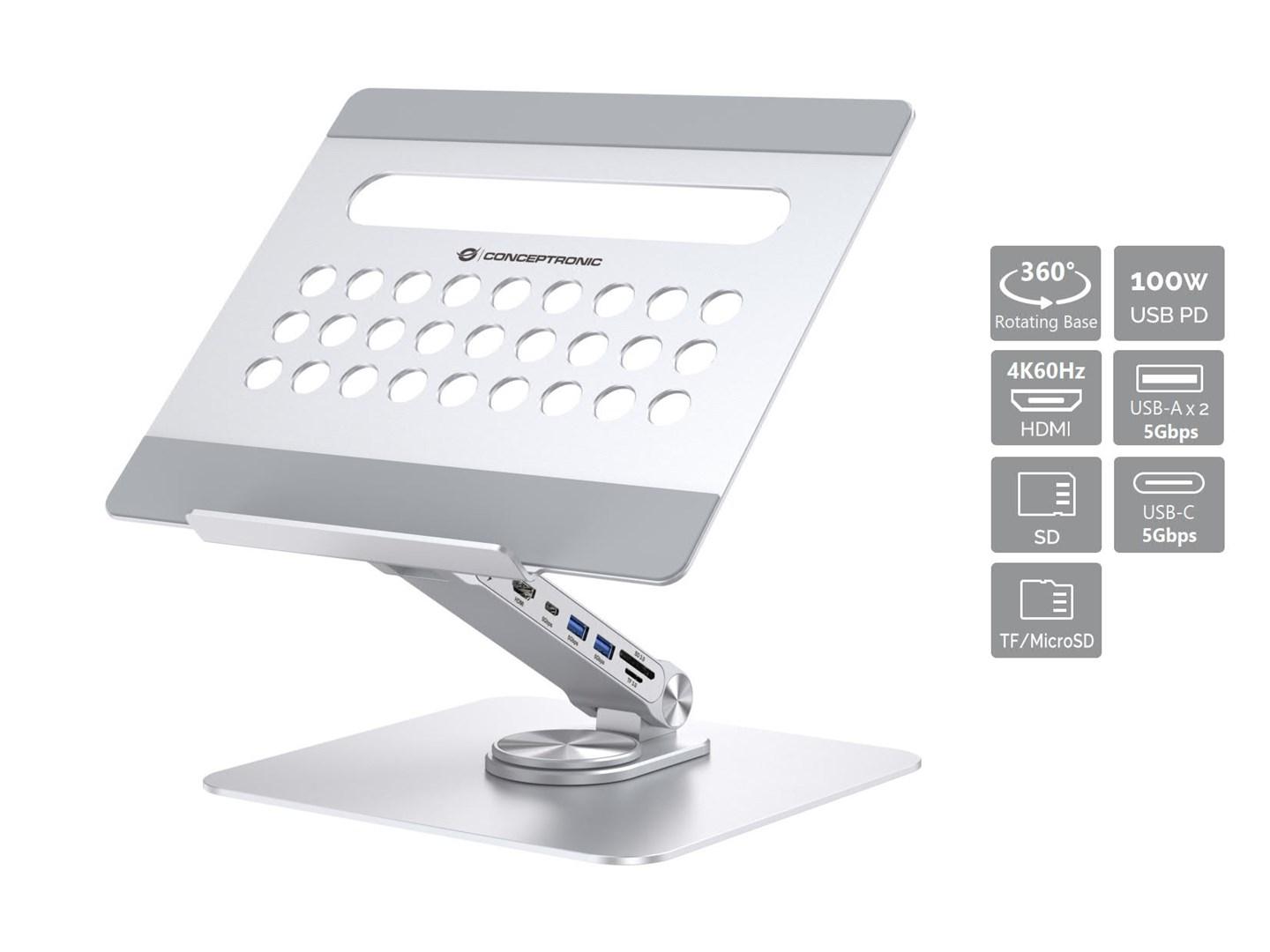 Conceptronic DONN27G - bærbarholder med USB‑C hub og 360° drejefod billede