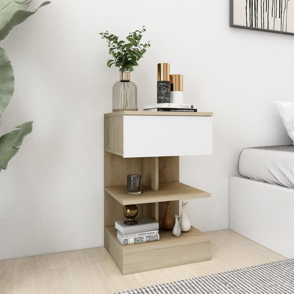 Sengebord 40x35x65 cm konstrueret træ hvid og sonoma-eg