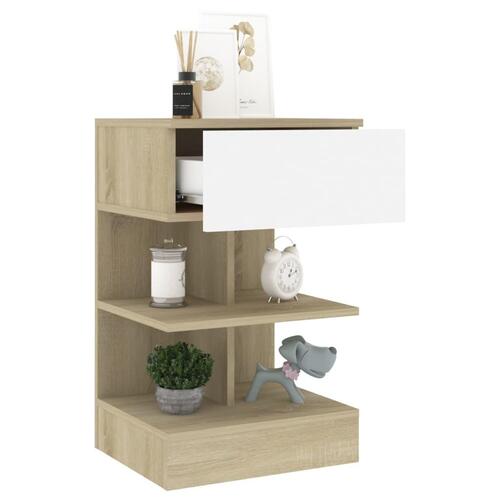 Sengebord 40x35x65 cm konstrueret træ hvid og sonoma-eg
