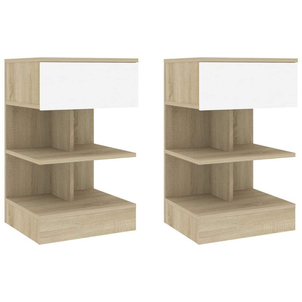 Sengeskabe 2 stk. 40x35x65 cm hvid og sonoma-eg