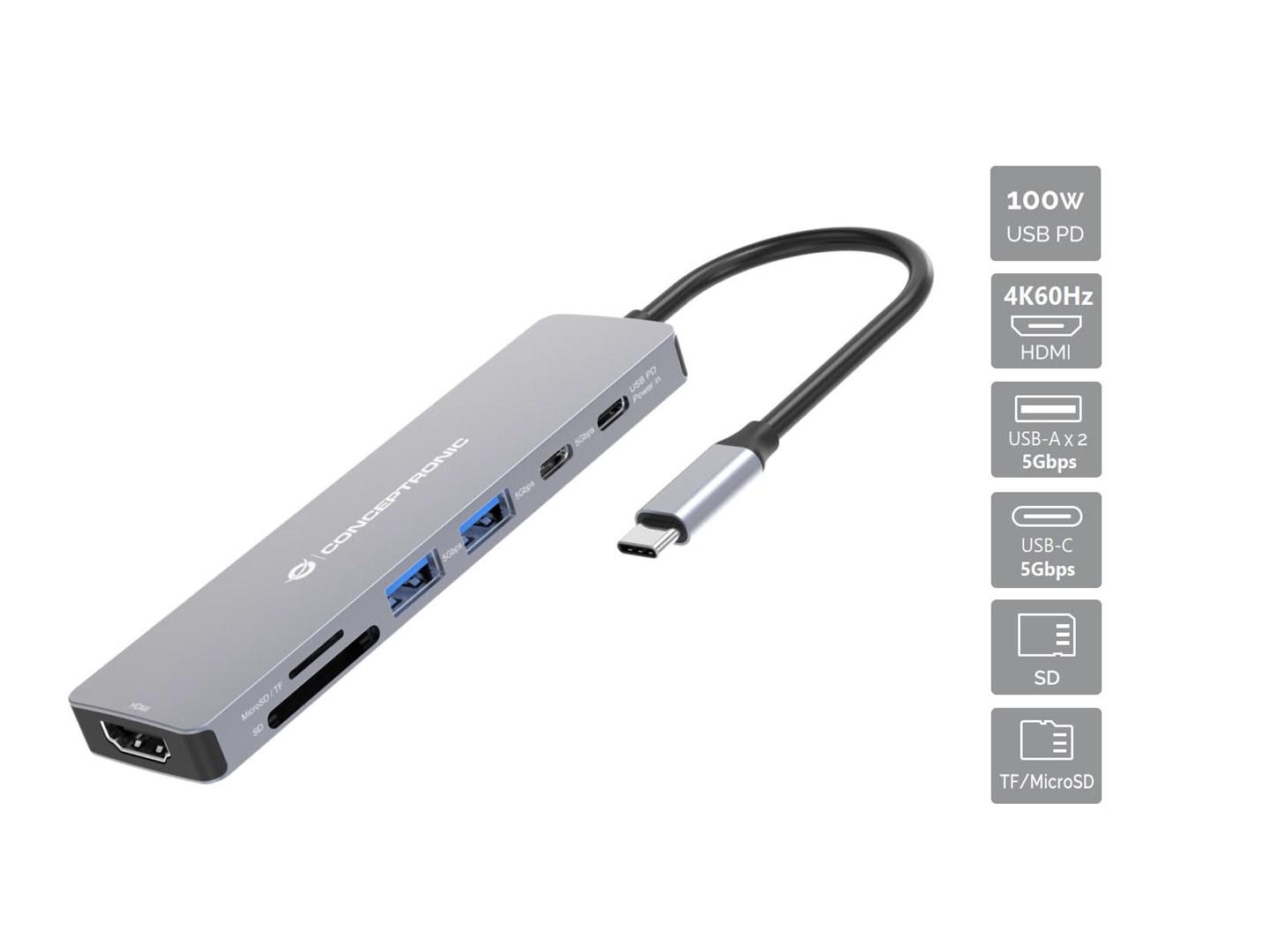 Conceptronic DONN28G 7-i-1 USB-C dockingstation - 4K60Hz HDMI, USB 3.2 5 Gbit/s, SD/microSD, 100 W USB PD billede