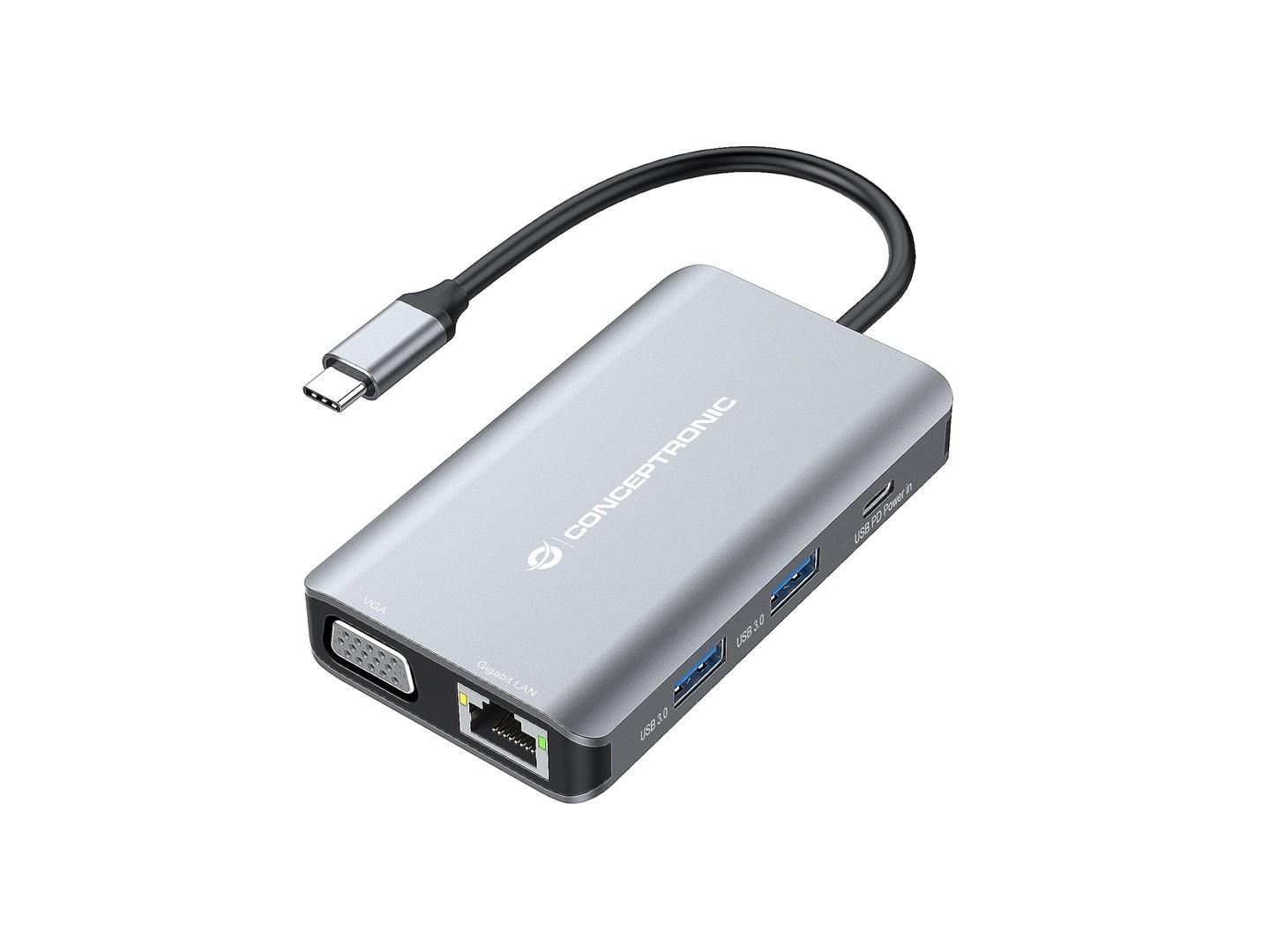 Conceptronic 7-i-1 USB-C dockinghub - HDMI, VGA, 3x USB-A, Gigabit LAN, USB-C PD, 25 cm - grå billede