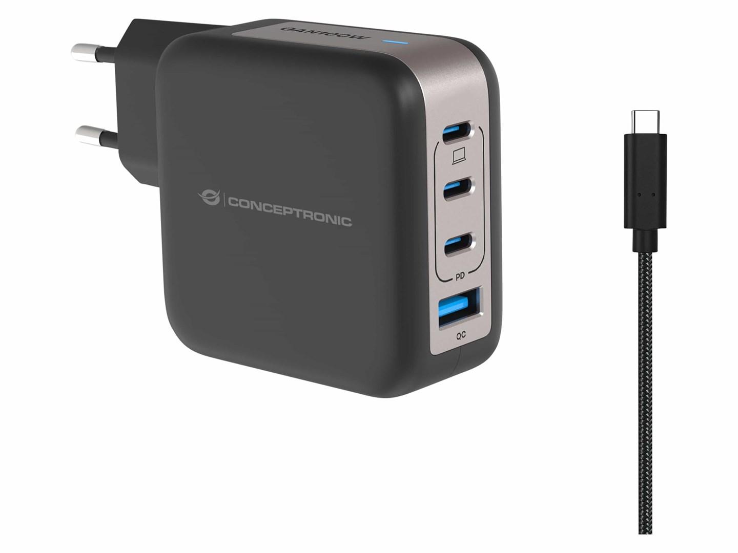 GaN vægoplader 4-porte - 3x USB-C + 1x USB-A, 100 W PD 3.0 billede