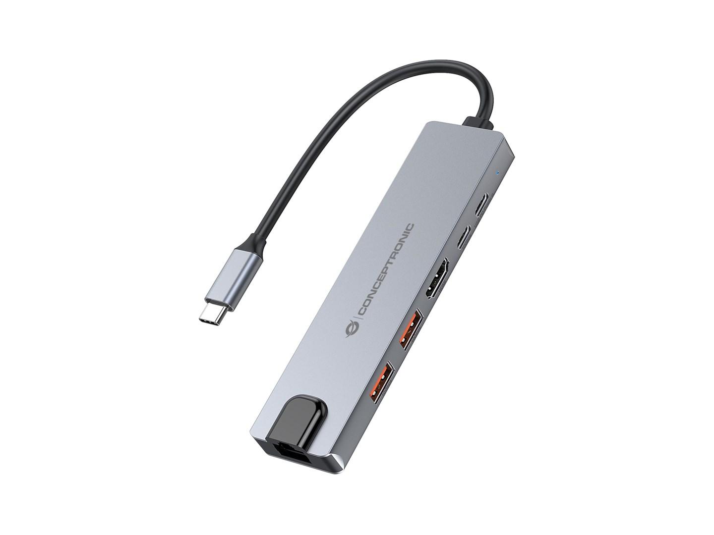 Conceptronic 6-i-1 USB-C dock - HDMI, 2x USB-A, USB-C, RJ45, 25 cm - sølv billede