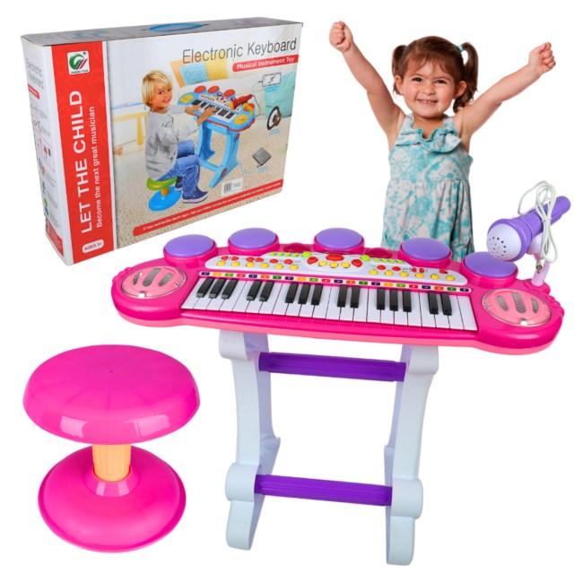 Elektronisk børnekeyboard med mikrofon og skammel - pink billede