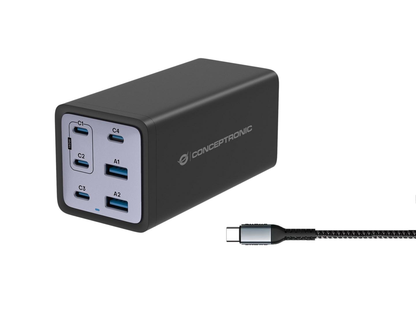 Conceptronic 6-ports 200 W GaN USB-oplader med USB‑C-kabel - USB‑C x4, USB‑A x2, PD 3.1, QC 3.0, PPS billede