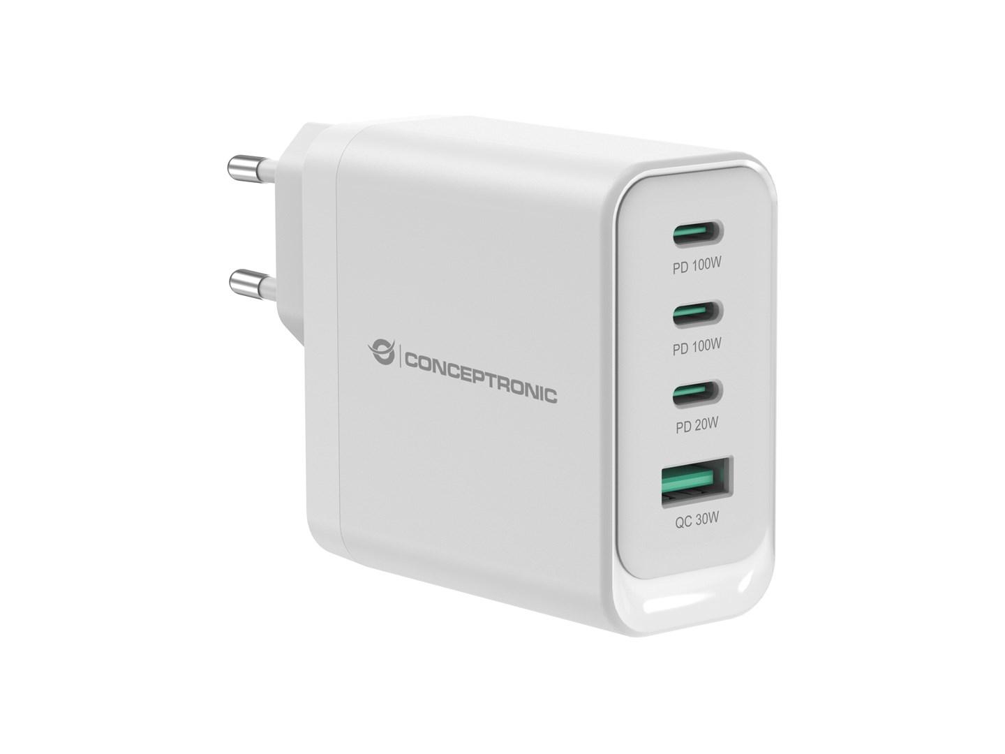 Conceptronic ALTHEA22W100 - 4-port 100 W GaN vægoplader med USB-C x3, USB-A, PD 3.0 & QC 3.0 billede