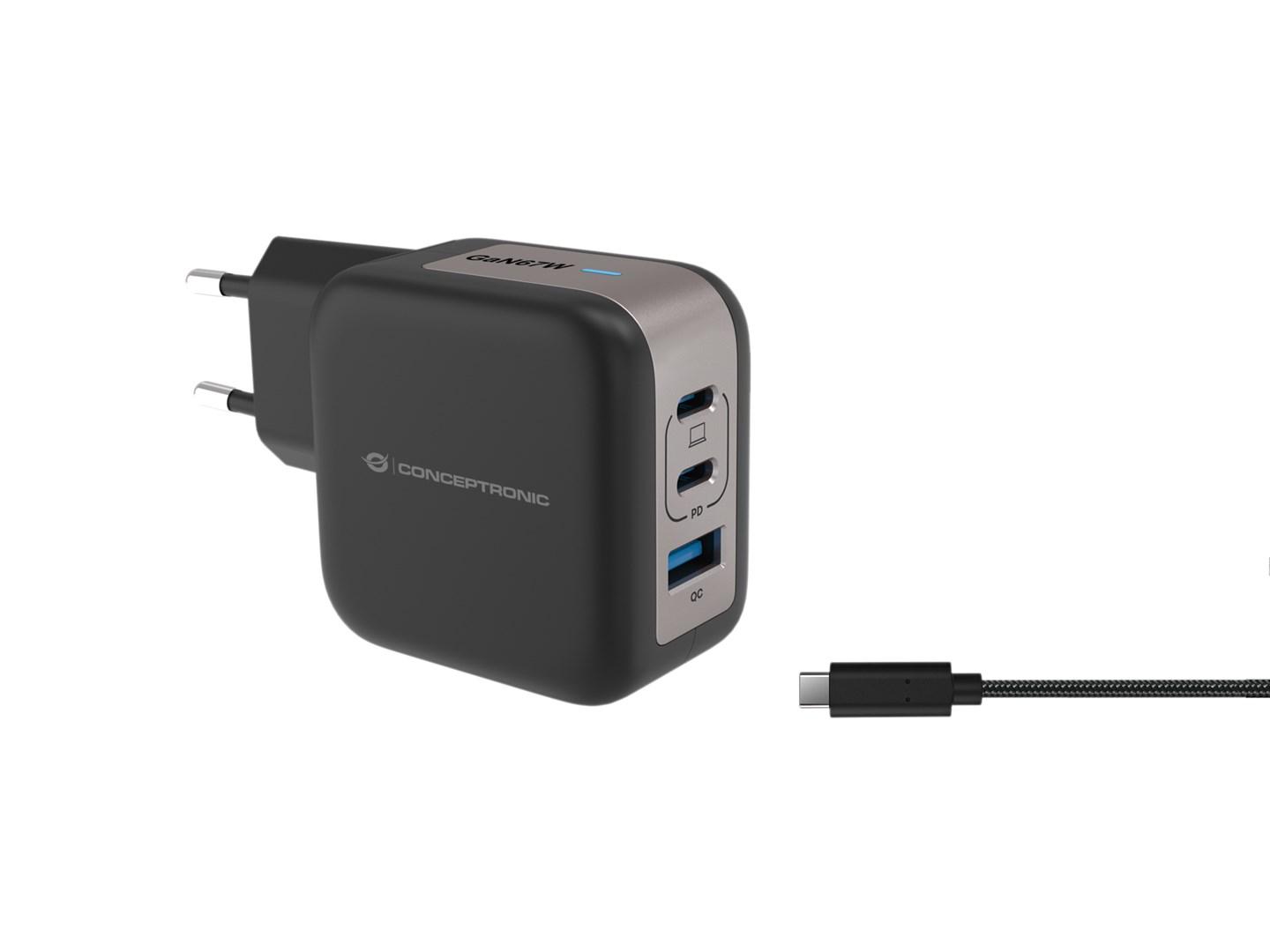 Conceptronic 3-port 67 W GaN USB PD oplader med USB‑C kabel - 2× USB‑C, 1× USB‑A, QC 3.0, PPS billede