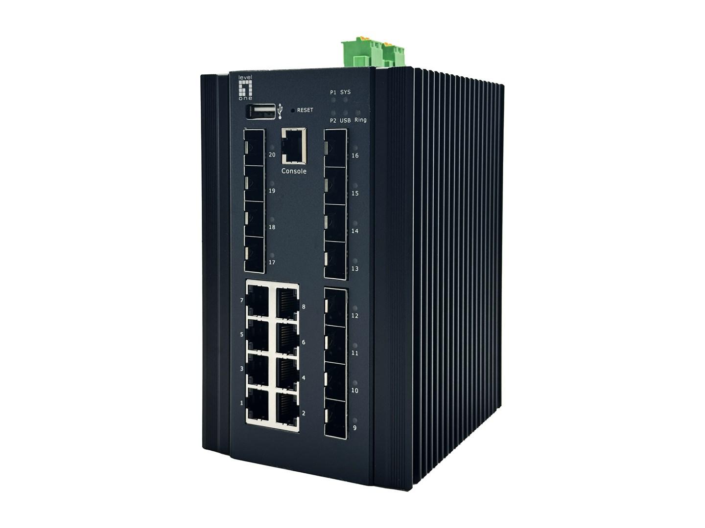 LevelOne 20-port L2+ administrerbar industriel switch - 8 x 1GbE RJ45, 8 x 1GbE SFP, 4 x 1/2,5/10GbE SFP+, DIN-skinne, -40 °C til 80 °C billede