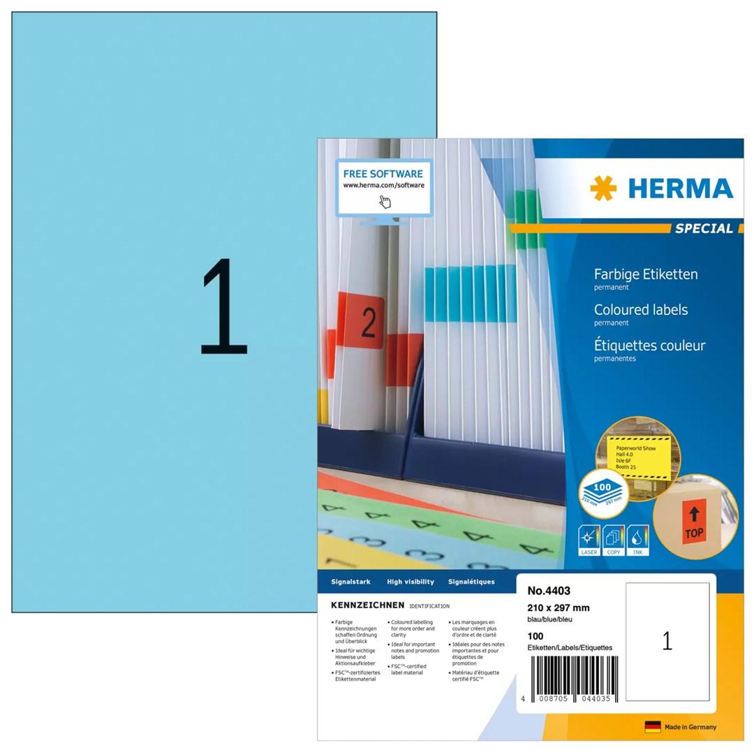 HERMA farvede etiketter A4 210 × 297 mm - blå, mat, 100 ark billede