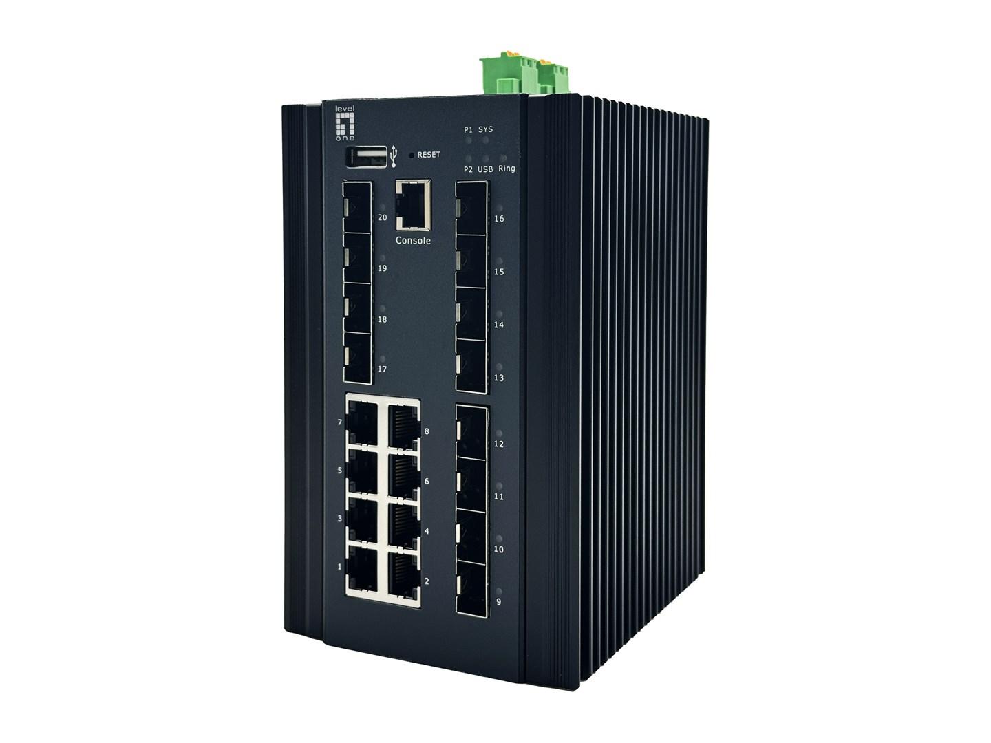LevelOne 20-port L2+ administrerbar industriel switch - 8 x 1GbE RJ45, 8 x 1GbE SFP, 4 x 1/2,5GbE SFP, DIN-skinne, -40 °C til 80 °C billede