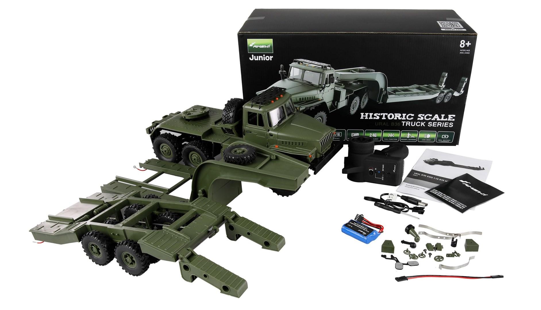 Amewi Ural B36 militærlastbil med trailer 6WD - 1:16 fjernstyret billede