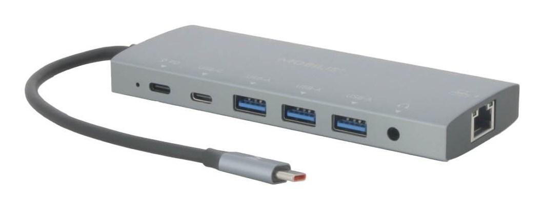 USB-C dockingstation med 2x DisplayPort, HDMI, 3x USB-A, kortlæser, lyd og Gigabit LAN - grå