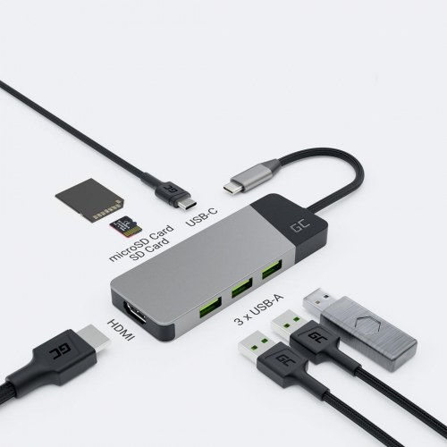Green Cell GC Connect 7-i-1 USB‑C hub - 3x USB 3.1, HDMI 4K 60 Hz, USB‑C PD 85 W, microSD/SD - Sølv