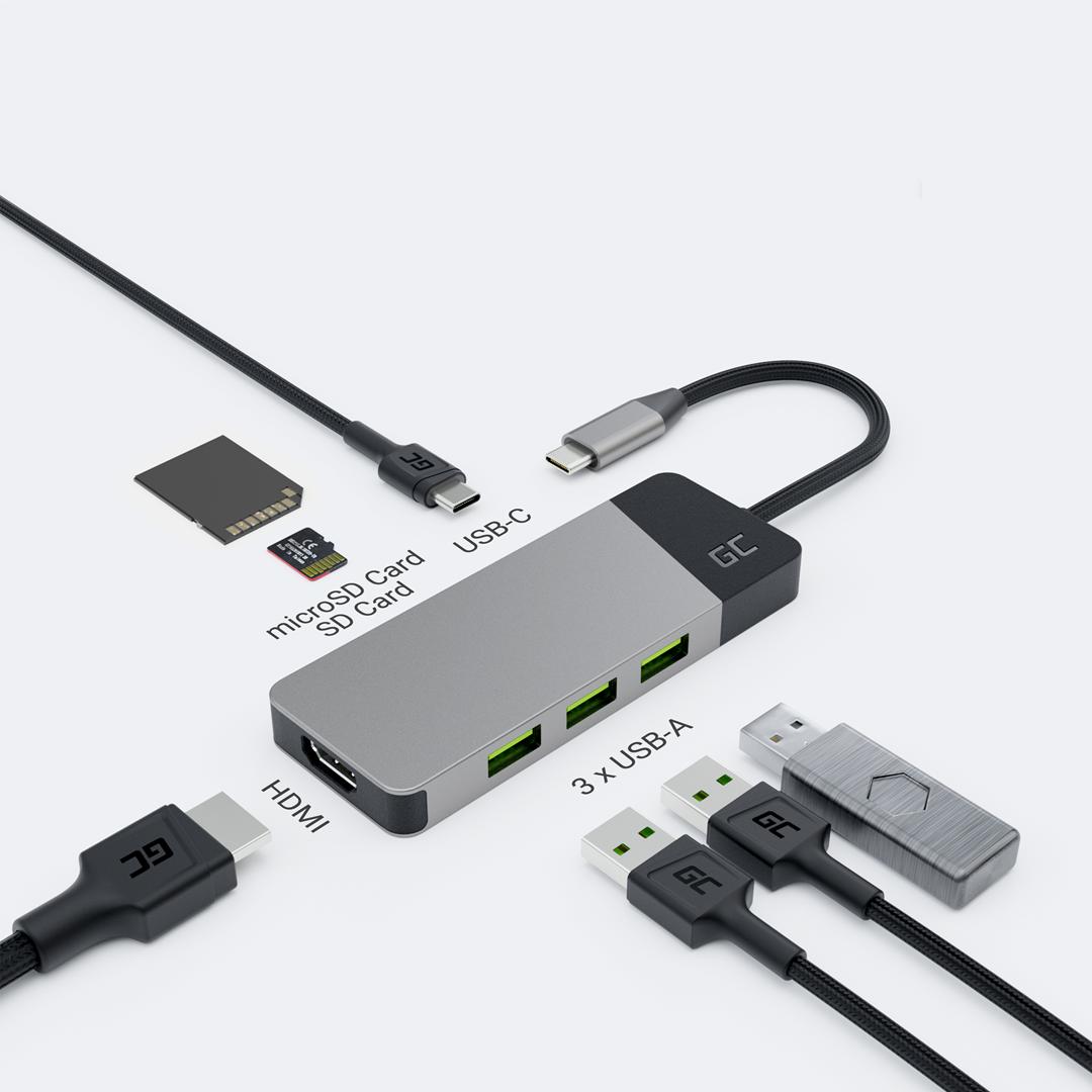 Green Cell GC Connect 7-i-1 USB‑C hub - 3x USB 3.1, HDMI 4K 60 Hz, USB‑C PD 85 W, microSD/SD - Sølv