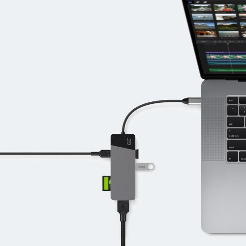 Green Cell GC Connect 7-i-1 USB‑C hub - 3x USB 3.1, HDMI 4K 60 Hz, USB‑C PD 85 W, microSD/SD - Sølv
