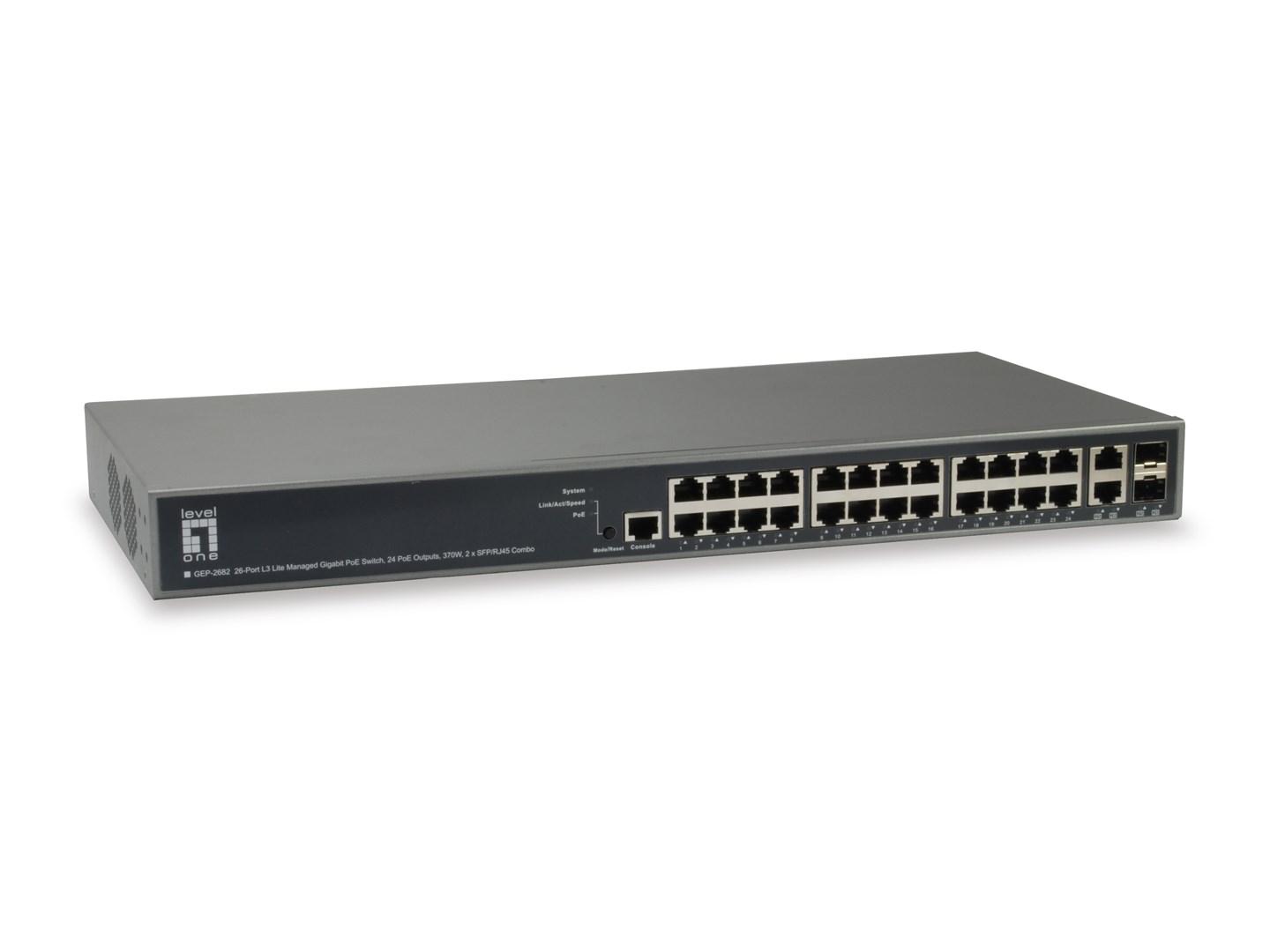 LevelOne TURING GEP-2682 - 26‑ports L3 Lite Managed Gigabit PoE-switch, 24 PoE+, 370 W, 2 x SFP/RJ45 combo